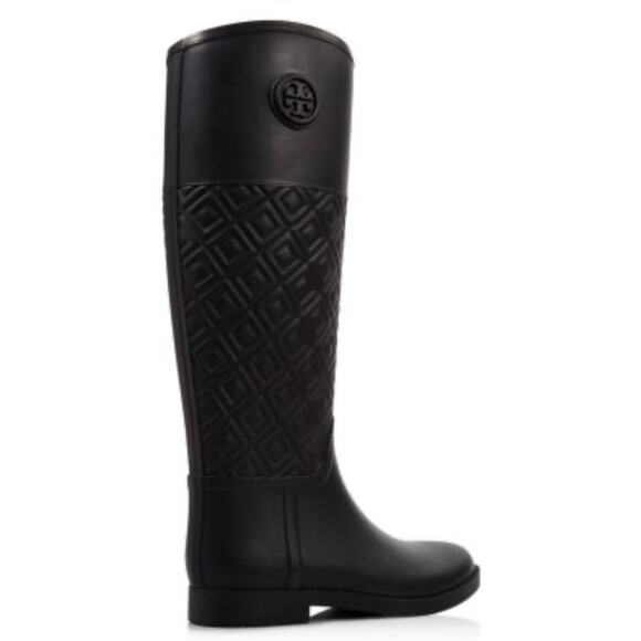 Tory Burch Black Quilted Rain Boots Logo Knee-High Women’s Size 9 Designer - Picture 1 of 9